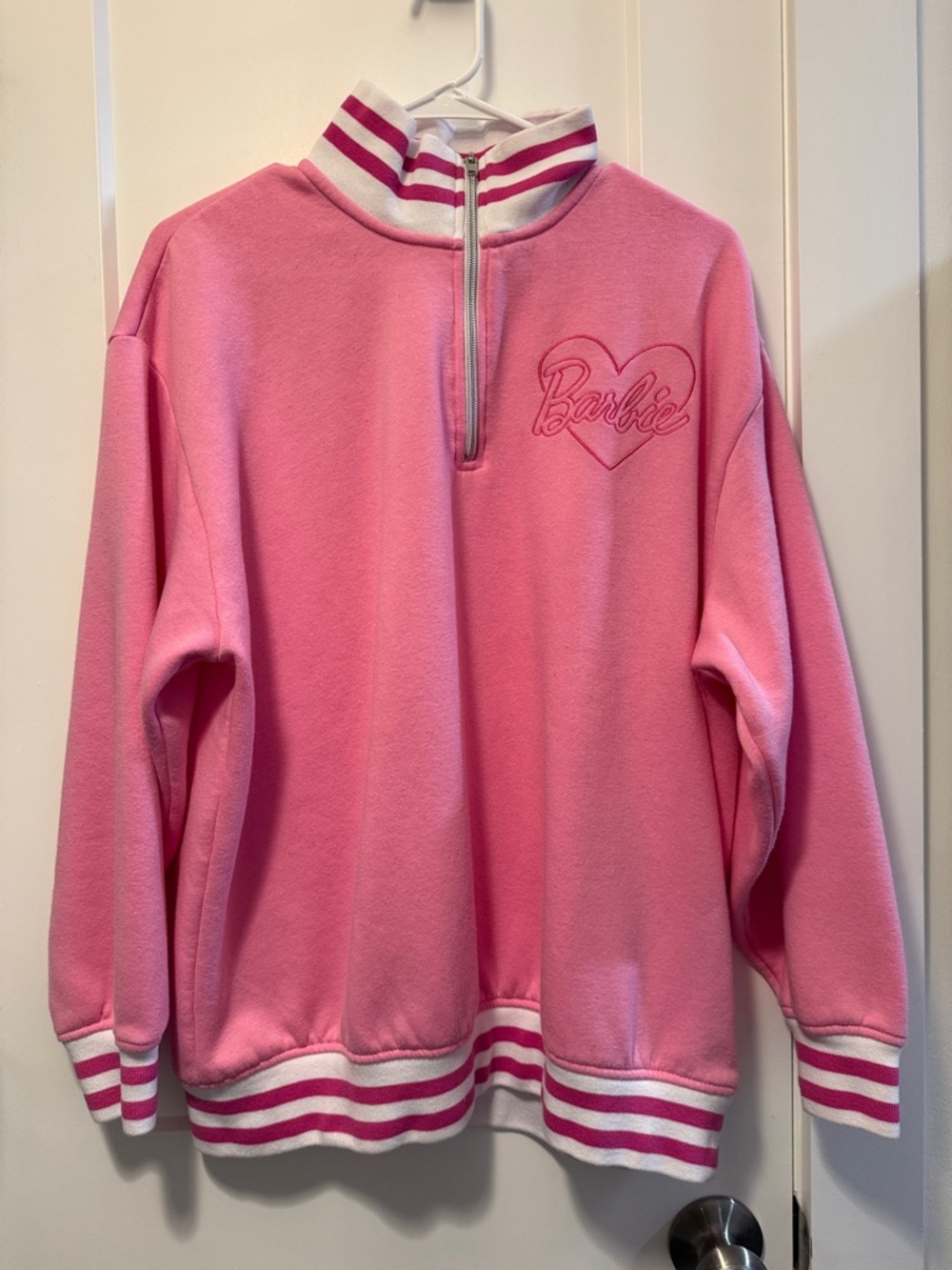 Barbie Women's Bubblegum Pink Half-Zip Sweatshirt with Stripe Trim size XL